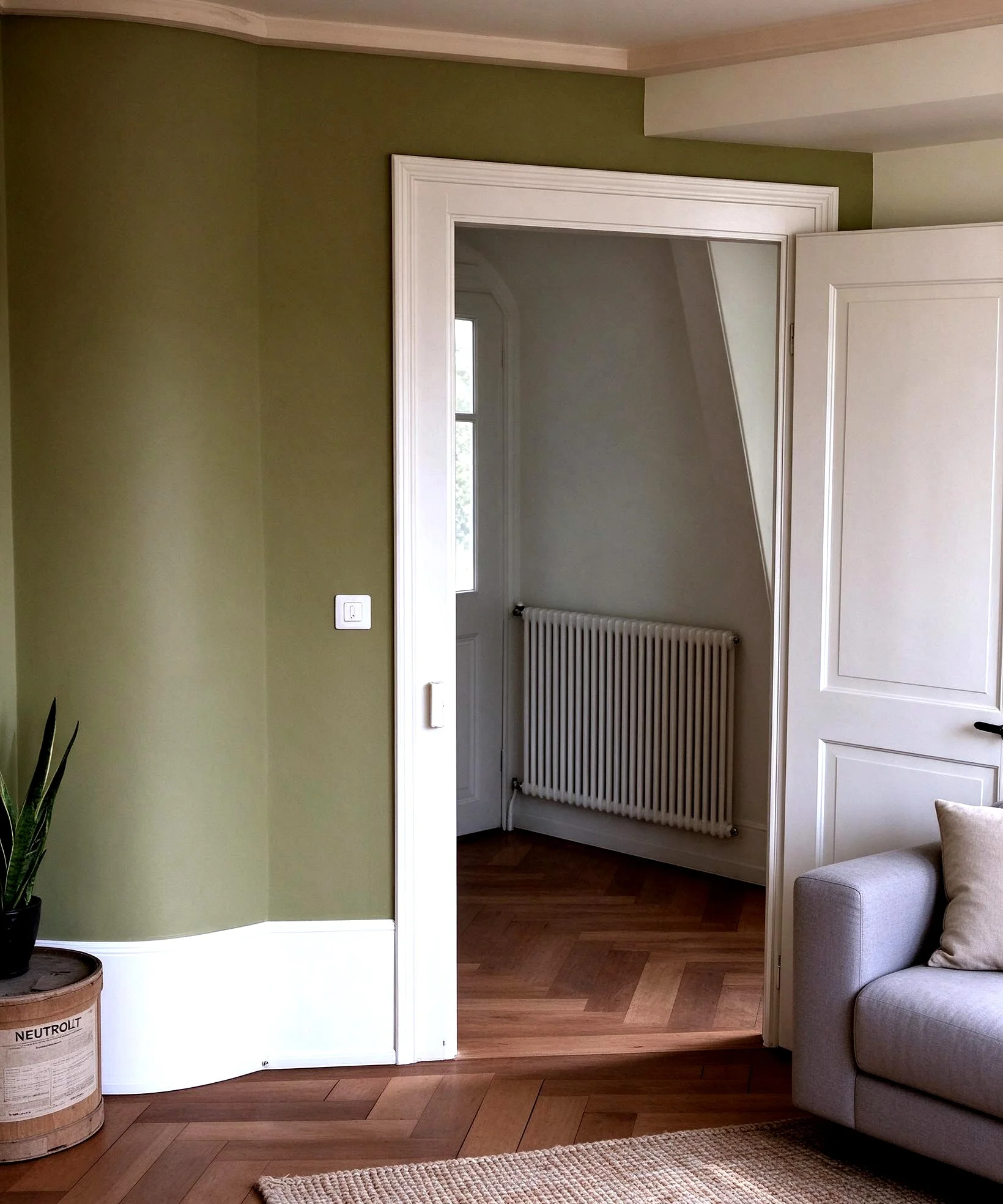 Hell gestrichenes Zimmer mit Holzparkett